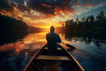 Wall Mural - Scenic sunset view of man in a boat on a quiet lake generative AI illustration