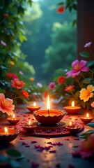 diyas aglow in the garden, a symphony of light and nature