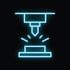 Poster - Blue neon sign of an industrial drilling machine working on a piece of metal