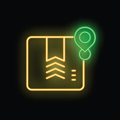 Poster - Neon yellow package tracking icon is glowing on a black background