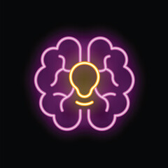 Poster - Neon sign of a brain with glowing light bulb inside representing a new idea