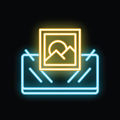 Poster - Glowing neon icon of a picture frame displaying a photo on a black background