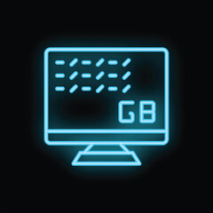Poster - bright blue neon computer icon glowing on dark background, symbolizing digital storage capacity