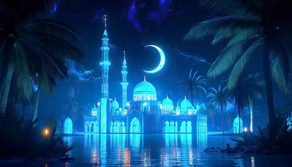 Wall Mural - A beautiful night scene of an Islamic mosque with a crescent moon and its reflection in the water, set against a background of blue neon lights, 