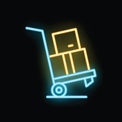 Poster - Neon hand truck carrying cardboard boxes, delivery service and moving concept