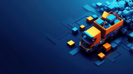Poster - Abstract blue and orange background featuring a large orange cube in the center of the composition