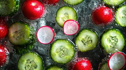 Canvas Print - Refreshing close-up shot of sliced cucumbers and radishes submerged in sparkling water. Vibrant colors and textures. Ideal for healthy eating, summer, and detox themes.