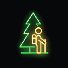 Wall Mural - Neon sign depicting a hiker with backpack and hiking poles standing in front of a fir tree