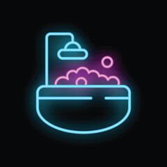 Poster - Colorful neon sign of bathtub full of water with soap and shower head, great for bathroom, spa or hotel advertisement