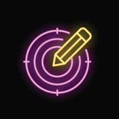 Poster - Neon sign of a yellow pencil hitting the center of a purple target on a black background