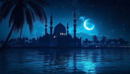 Wall Mural - Arabic night scene with a mosque and palm trees, glowing neon blue water reflection on the sea surface, dark background, night sky