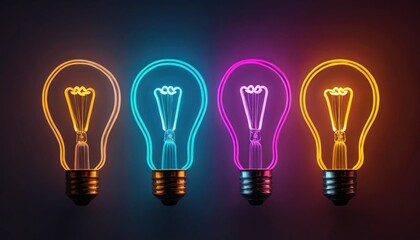 Poster - Four glowing light bulbs with different neon colors on a dark background