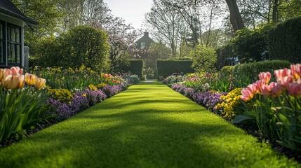 Poster - Flowers in vivid hues line a perfectly manicured path that invites exploration through a serene garden. Sunlight bathes the landscape, enhancing the tranquil atmosphere