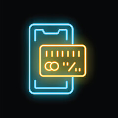 Poster - Glowing neon sign representing the concept of mobile payment with a smartphone and a credit card