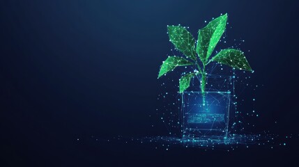 Poster - A green plant in a clear glass vase against a solid blue background for home decor or nature themes