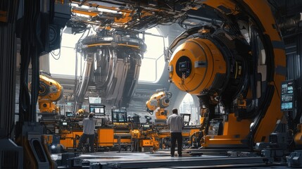 Poster - Engineers working inside robotic factory - Industrial and technology concept - Main focus on man ear