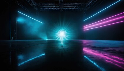 Poster - Empty stage with neon lights and smoke for presentation or performance backgrounds