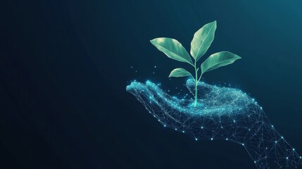 Poster - Hand holding a plant with a network of connected lines representing technology and nature
