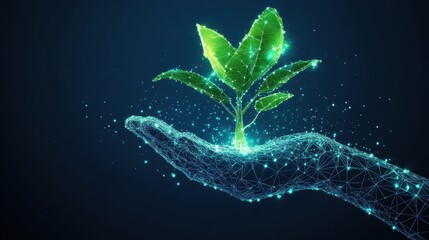 Poster - Hand holding a green plant with connected lines and dots representing technology and nature interaction