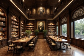 Wall Mural - A library showcasing a blend of traditional and modern design with digital upgrades