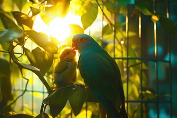 Wall Mural - A turquoise parrot feeds its young chick amongst golden leaves