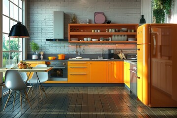 Wall Mural - Modern interior with midcentury luxury. Bright modern kitchen with orange accents and stylish decor.