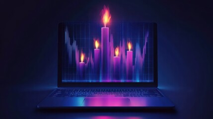 Poster - Laptop with a lit candle positioned on the screen creating a warm ambiance in a cozy workspace