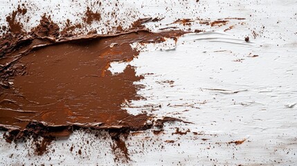Poster - A rich mocha mousse spreads across a worn wooden table, showcasing a striking contrast with creamy white frosting. Perfect for dessert lovers seeking an artistic touch in their treats