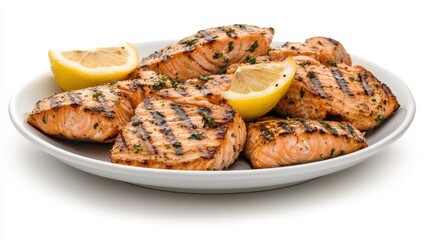 A plate of succulent grilled salmon fillets with a lemon herb marinade, Each fillet’s charred exterior and flaky texture captured with precision