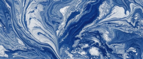 Poster - Abstract fluid art with a blend of white and blue marble-like swirls
