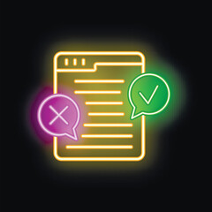 Poster - neon icon of a text document being edited, showing the concepts of correct and incorrect