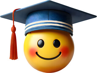 Fototapete - A yellow 3D face emoji of a graduation hat on a transparent background, emoticon.