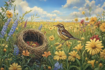 Wall Mural - Bird Near Nest in Sunny Wildflower Meadow