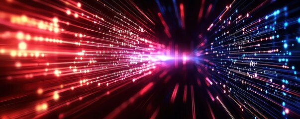 Fototapete - A vibrant, abstract image showcasing dynamic red and blue light streaks, symbolizing energy, speed, and movement.