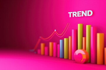 Wall Mural - A colorful graph on a bright pink background, showcasing a positive trend with various bars and a line chart.