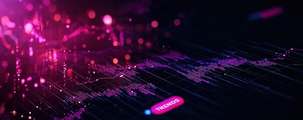 Fototapete - A vibrant digital visualization featuring glowing lines and particles, creating an abstract representation of data or sound waves in a dark background.