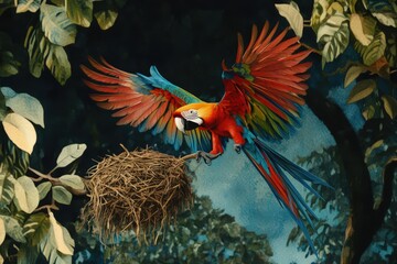 Poster - Scarlet Macaw in Flight Near Its Nest