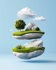 Wall Mural - A surreal landscape featuring floating islands with greenery, trees, and mountains against a blue sky, creating a whimsical and serene atmosphere.