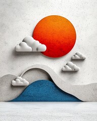 Wall Mural - A stylized landscape featuring a large orange sun, abstract waves, and fluffy clouds against a textured background, creating a serene and modern aesthetic.