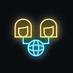 Poster - Neon sign representing two people connecting through a global network, symbolizing communication and globalization