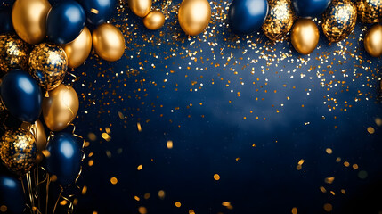 Poster - vibrant navy blue and gold themed celebration with colorful balloons and glittering confetti, ideal 