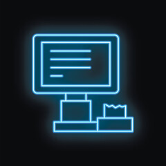 Poster - Neon blue glowing cash register with a receipt for payment on a black background