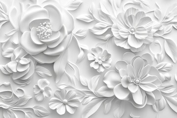 Poster - Abstract White Floral Pattern with 3D Effect . Elegant wallpaper design showcasing intricate white paper flowers, perfect for a calming and sophisticated decor.