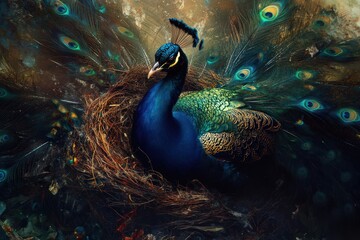 Poster - Majestic Peacock Resting Gracefully In Its Nest