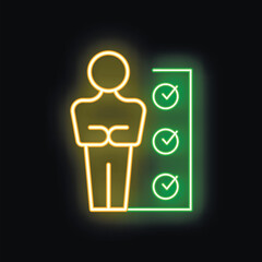 Poster - Neon style icon of a businessman standing with arms crossed near checklist with tick marks