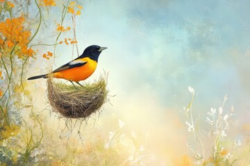 Poster - Baltimore Oriole Perched Upon Its Hanging Nest