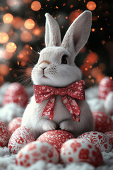 Wall Mural - Easter holiday. Easter postcard rabbit with red umbrella eggs decorated with red ornaments