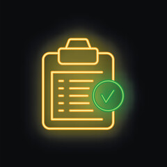 Poster - Neon sign of a clipboard with a checklist is glowing yellow with a bright green check mark on a black background
