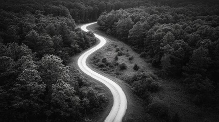 Poster - A winding path meanders through a tranquil forest, surrounded by tall trees. Early morning light filters through the leaves, creating a peaceful atmosphere. Nature beckons the curious to explore
