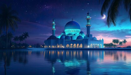 Wall Mural - A beautiful mosque with a glowing blue dome and light on the water, against a background of a night sky with stars and the moon's reflection in the calm sea